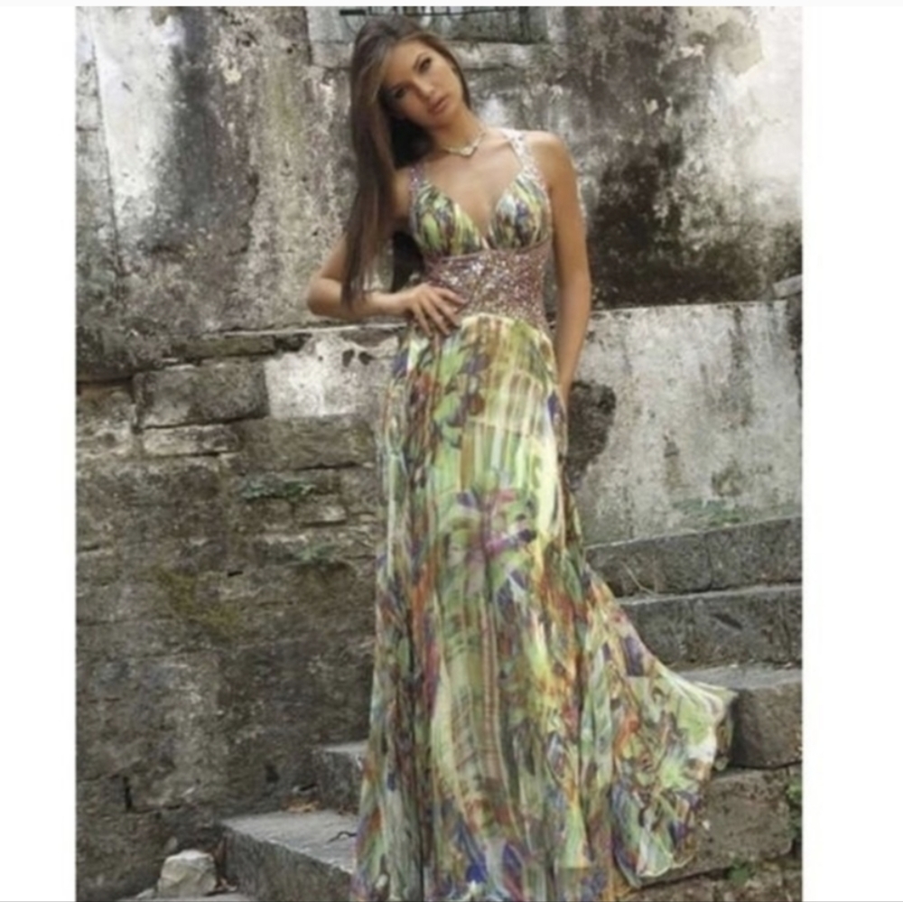 Jovani Watercolor Silk Sequin Dress